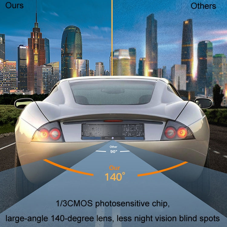 License plate frame camera on rear bumper with wide-angle 140-degree viewing overlay