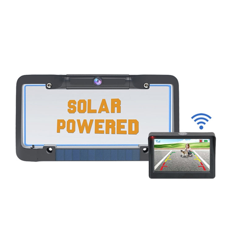 Solar license plate frame camera with small wireless display showing reverse parking lines