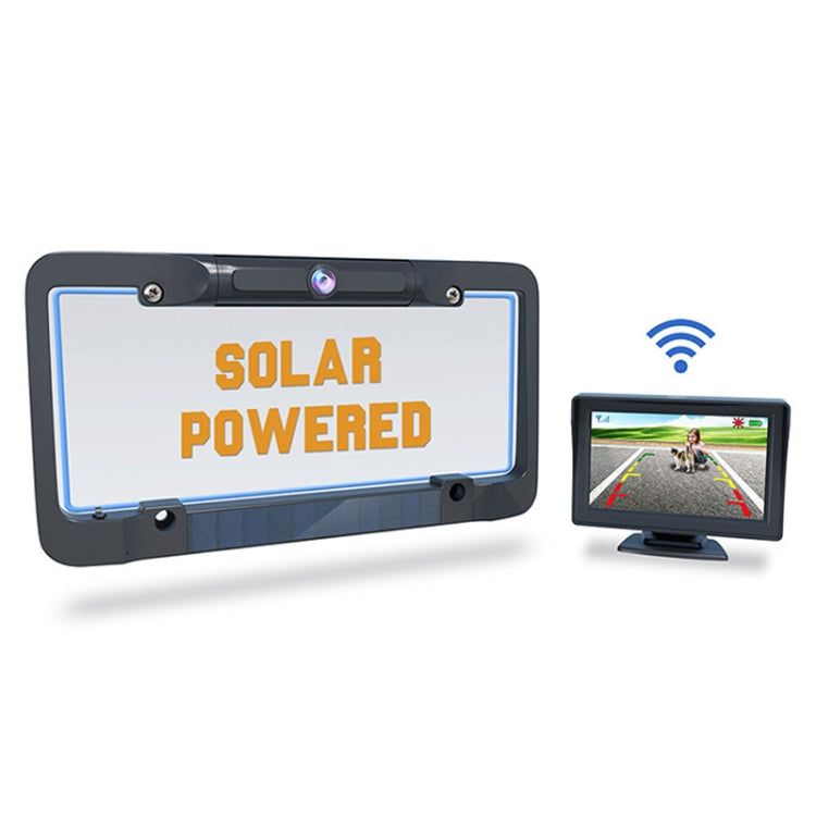 Solar license plate frame camera and wireless screen with rear-view parking guidance