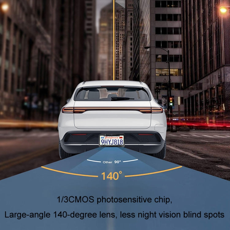 Solar license plate frame reversing camera showing a rear-view parking guide on display