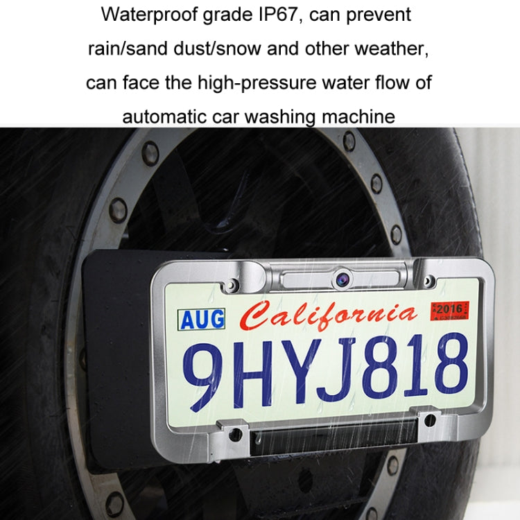 Waterproof solar license plate frame camera close-up showing the integrated camera module