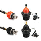 Inflatable paddle board air valve adapter set with black and orange caps and brass nozzles