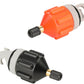 Inflatable paddle board air valve adapter close-up, orange and black caps with brass stem