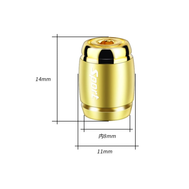 Gold tire valve stem cap size: 14mm height, 8mm inner opening