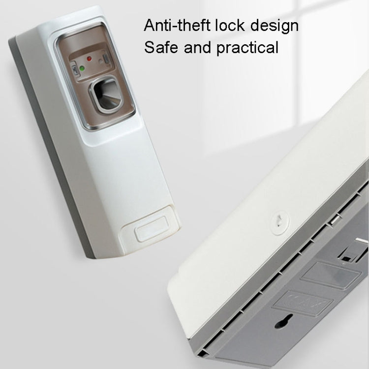 White automatic fragrance sprayer with anti-theft lock area on side