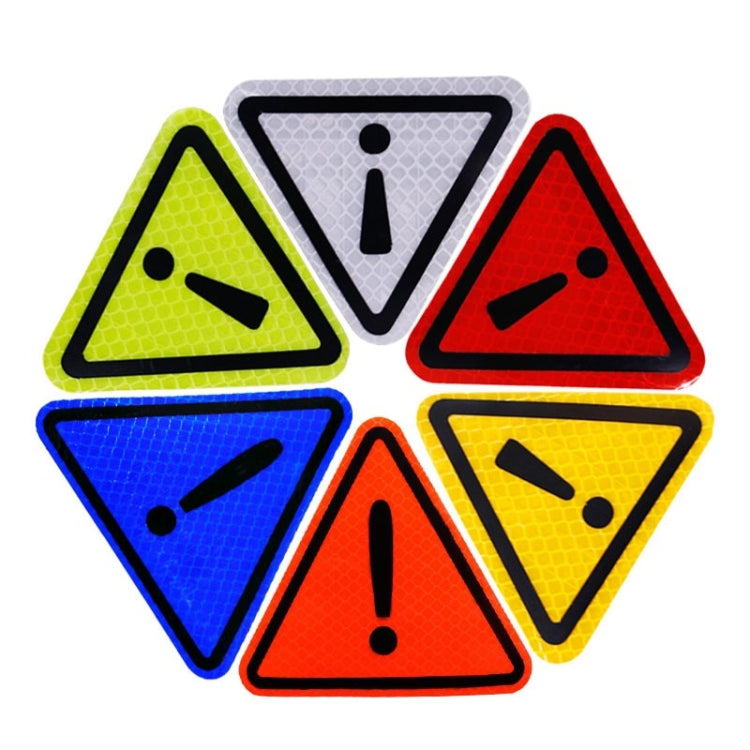 Set of reflective triangular warning stickers with exclamation mark icons, mixed colors