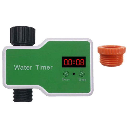 Water timer irrigation controller with red LCD display and orange hose connector