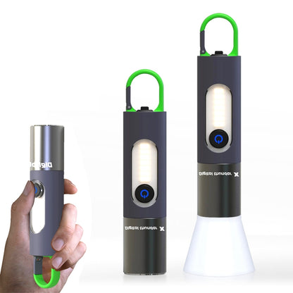 Telescopic LED flashlight with white lampshade and green handle loop, lit front beam