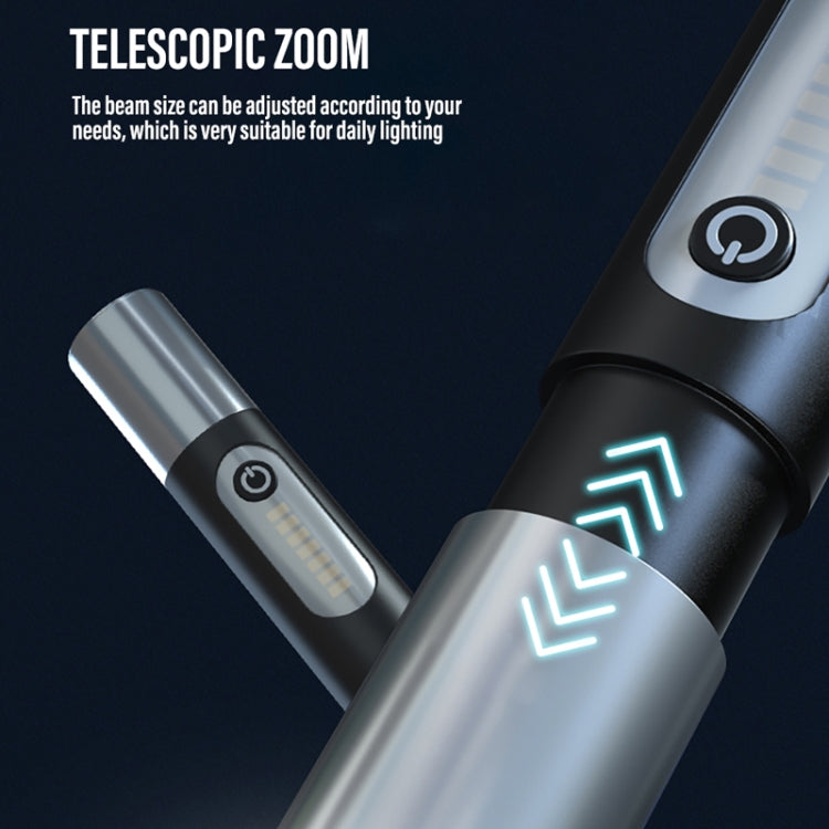 Telescopic zoom LED flashlight with side power button and glowing indicator