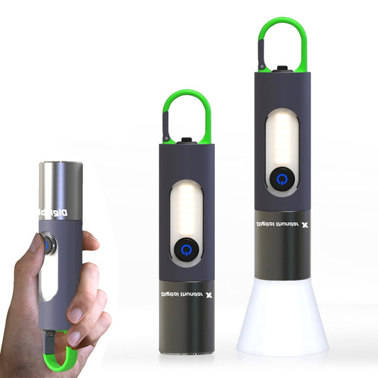 Telescopic LED flashlight with white lampshade and green handle loop, lit front beam