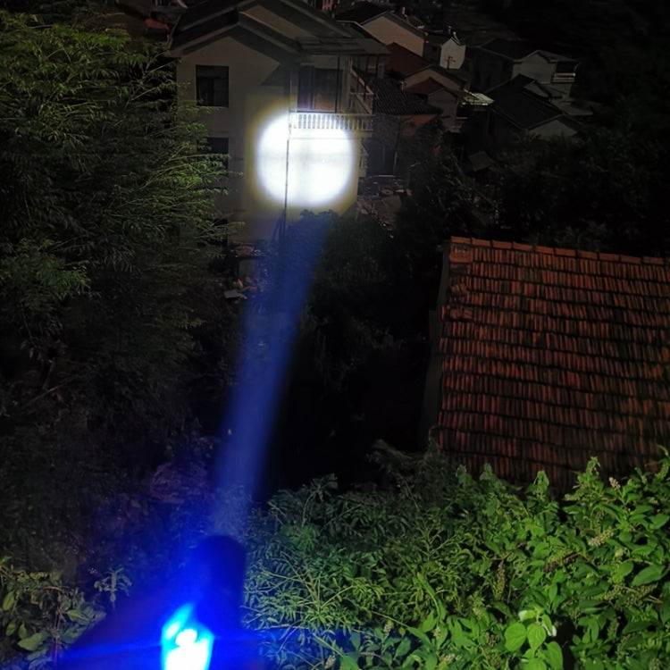 LED flashlight shining a bright blue beam from a handheld lantern-style body