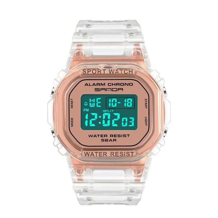 SANDA sport waterproof calendar watch with rose-gold bezel, clear strap, and digital display