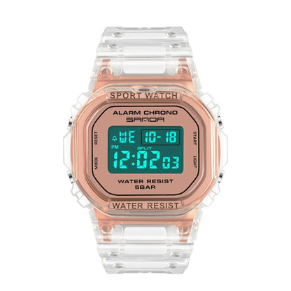 SANDA sport waterproof calendar watch with rose-gold bezel, clear strap, and digital display