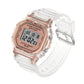 SANDA sport waterproof calendar watch angled view with rose-gold bezel and clear strap