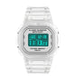 SANDA sport waterproof calendar watch with silver bezel, clear strap, and teal digital display