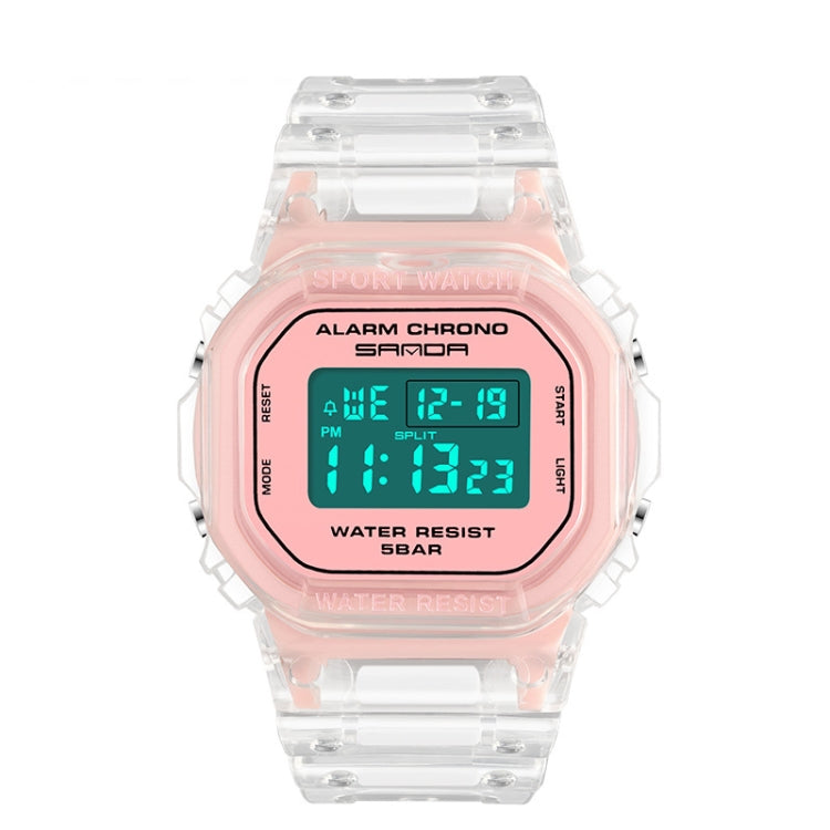SANDA sport waterproof calendar watch with pink bezel, clear strap, and teal digital display