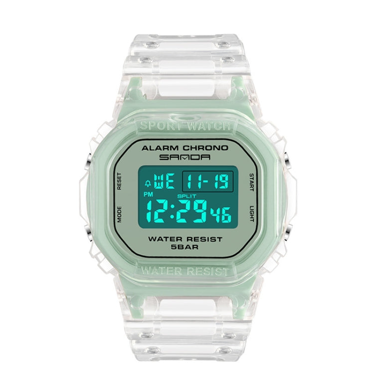 SANDA sport waterproof calendar watch with mint-green bezel, clear strap, and teal digital display