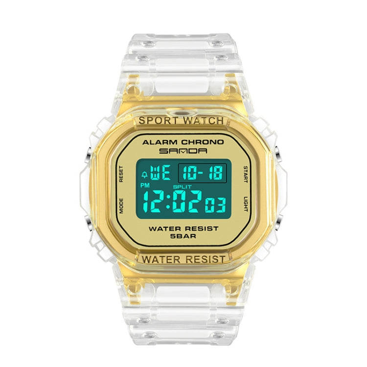 SANDA sport waterproof calendar watch with gold bezel, clear strap, and teal digital display