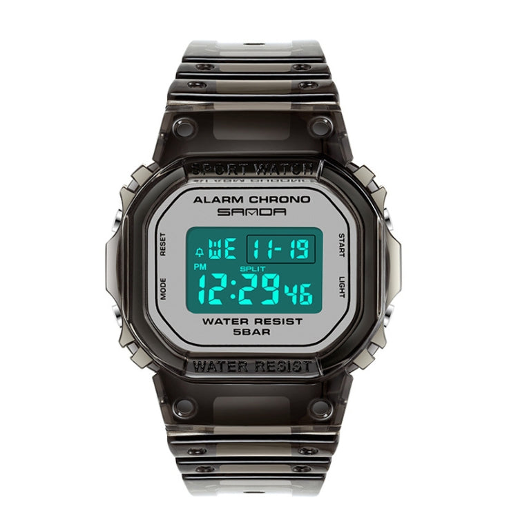 SANDA sport waterproof calendar watch with black bezel and band, and teal digital display