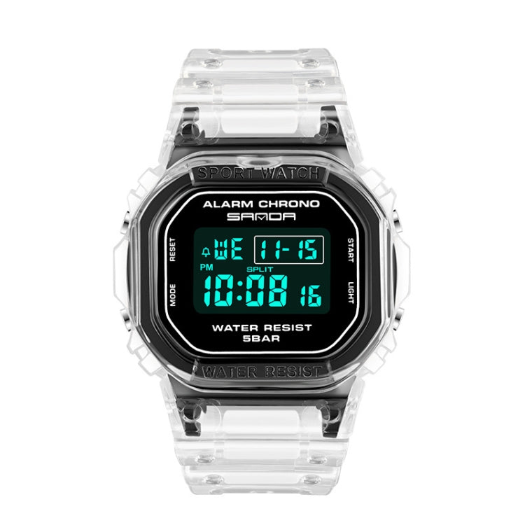 SANDA sport waterproof calendar watch with black bezel, clear strap, and teal digital display