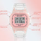 SANDA sport waterproof calendar watch close-up with rose-gold bezel, clear strap, teal display