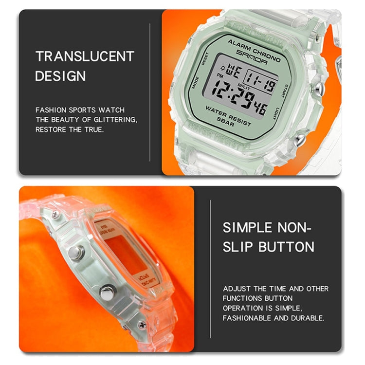 Translucent SANDA sport waterproof calendar watch with digital display and side buttons