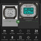 Digital sports watch display with alarm, chrono, and split time on LCD