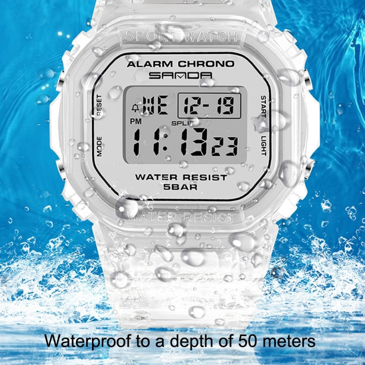 White transparent waterproof digital sports watch with LCD alarm chrono display