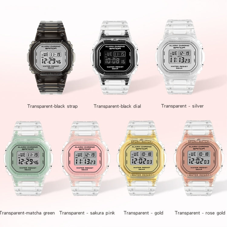 Assorted transparent resin digital watches in multiple colors on display