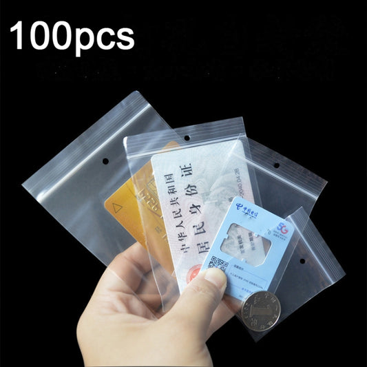 Pack of clear perforated zip-top plastic bags with sealed opening and hole tabs