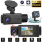 Black dash cam with wide-angle front lens, side view, and compact rear camera