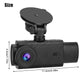 Black dash cam with front lens and 2 inch display, size dimensions shown