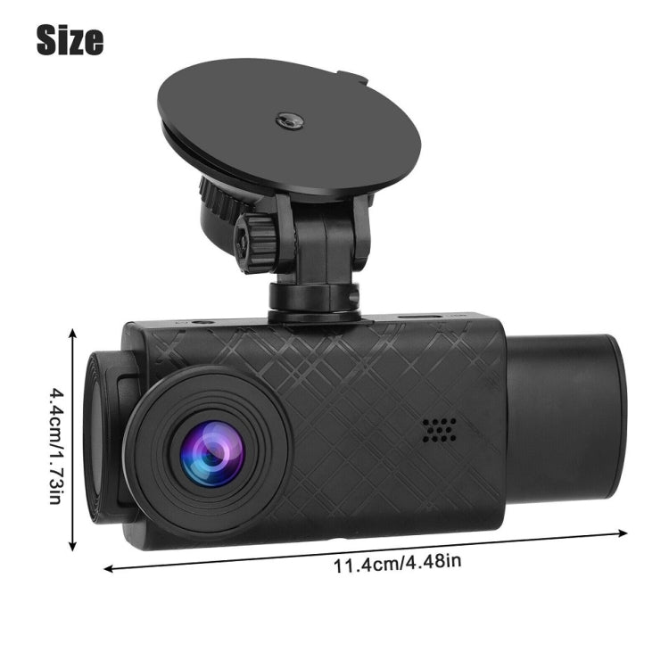 Black dash cam with front lens and 2 inch display, size dimensions shown