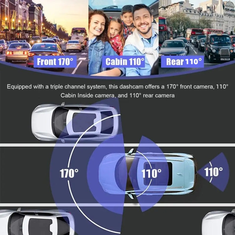 Dash cam showing front, cabin, and rear angle coverage with triple camera view