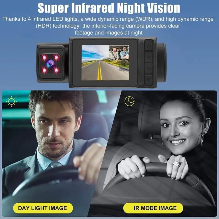 Dash cam with 2 inch screen showing day and night vision modes