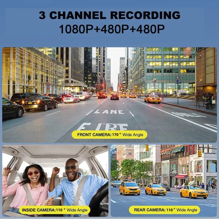 3-channel dash cam kit showing front, inside, and rear camera views