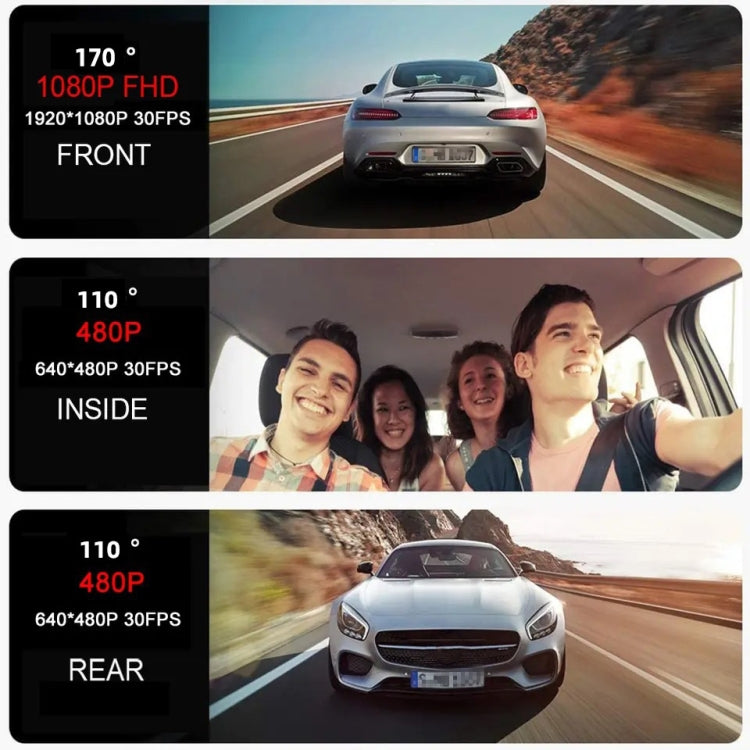 Dash cam display showing front 1080P and inside/rear 480P video examples