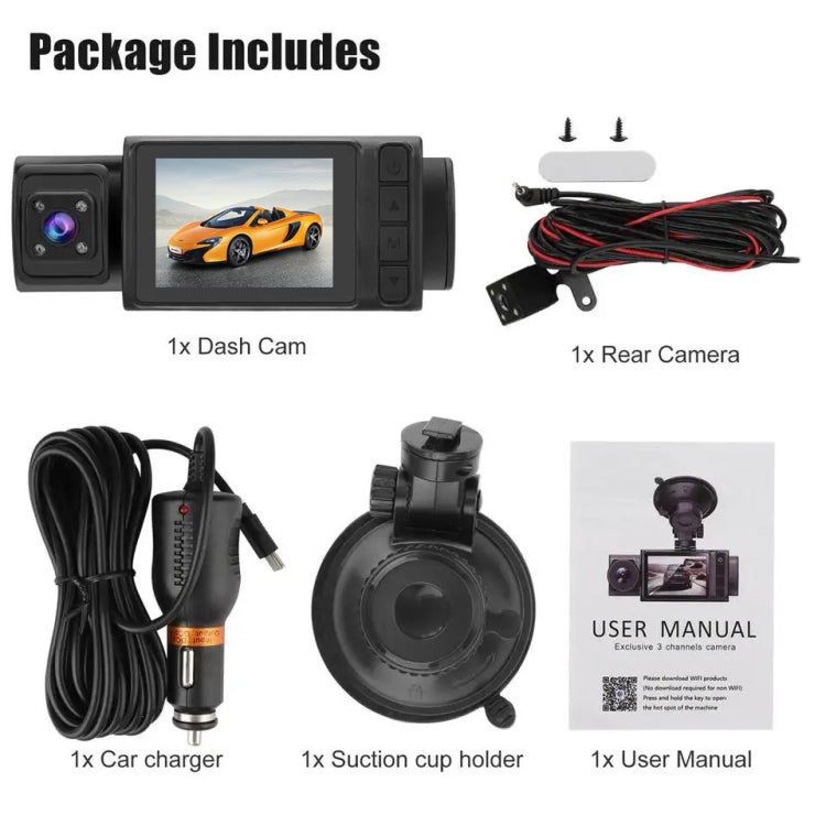 Dash cam package contents: device, rear camera, car charger, suction mount, manual