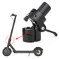 Black scooter accessory clamp mounted on handlebar area with mounting screws