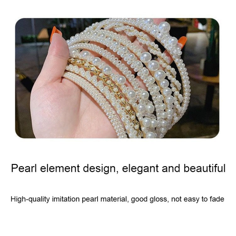 Pearl beaded headband with layered curved straps and gold-toned accent lines