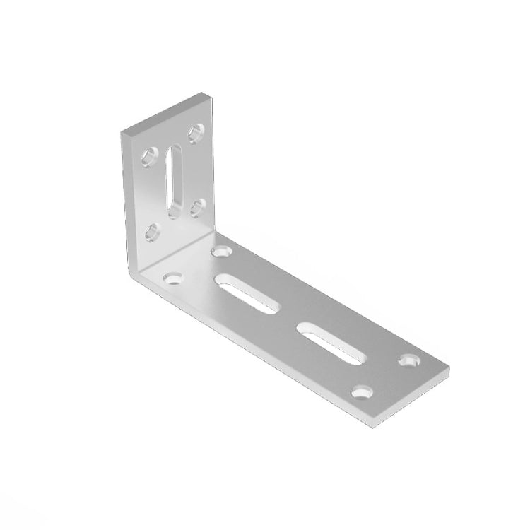 Right-angle hanging cabinet partition bracket, silver L-shape with long slots and bolt holes