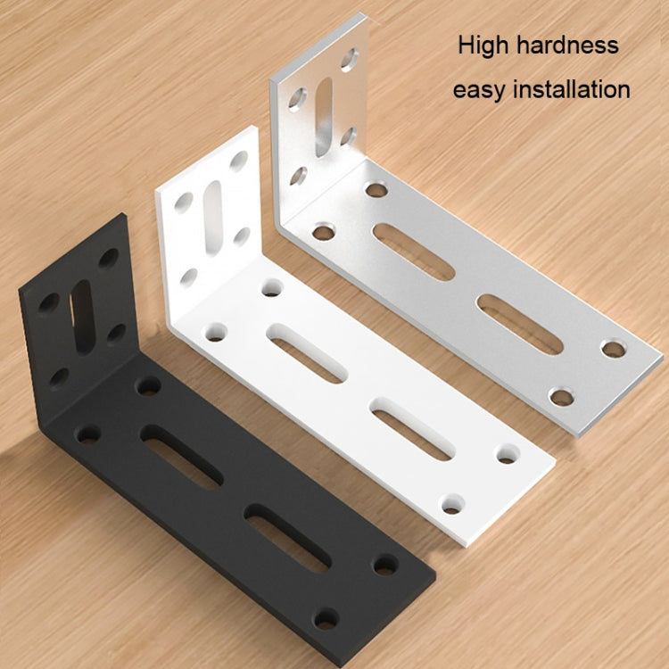 Right-angle mounting bracket set in silver, white, and black with long slots and holes