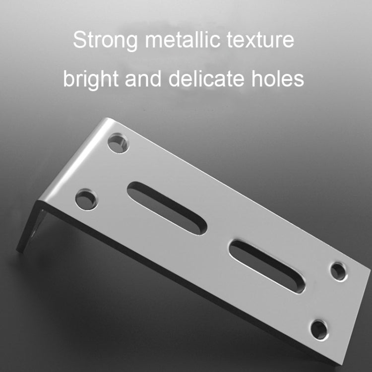 Silver right-angle mounting bracket close-up with round screw holes and long slots