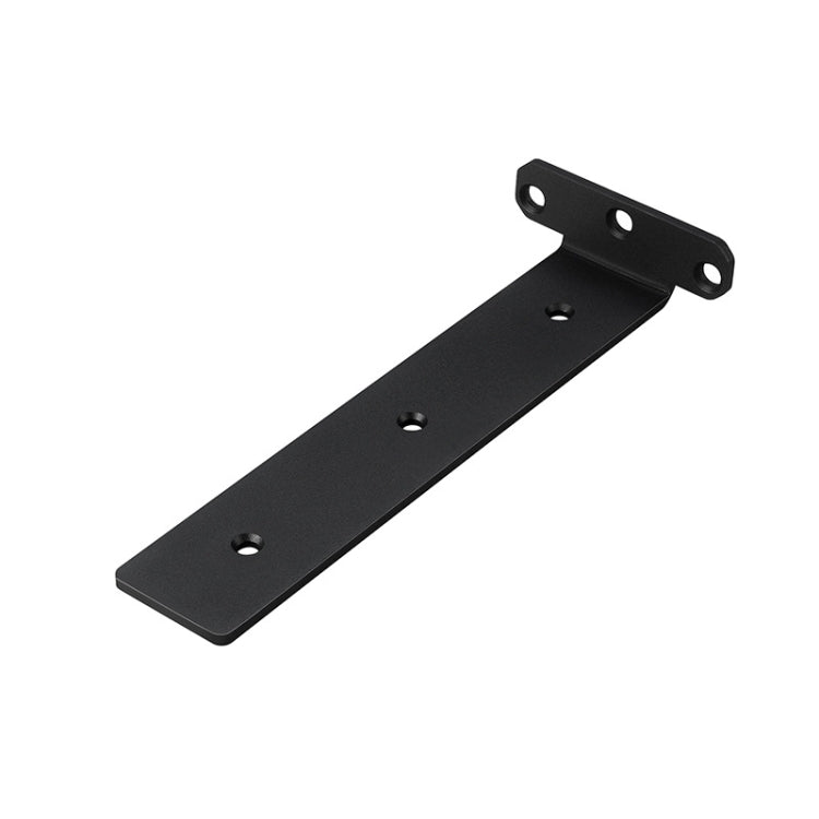 Black triangular bookshelf partition bracket plate with predrilled mounting holes.