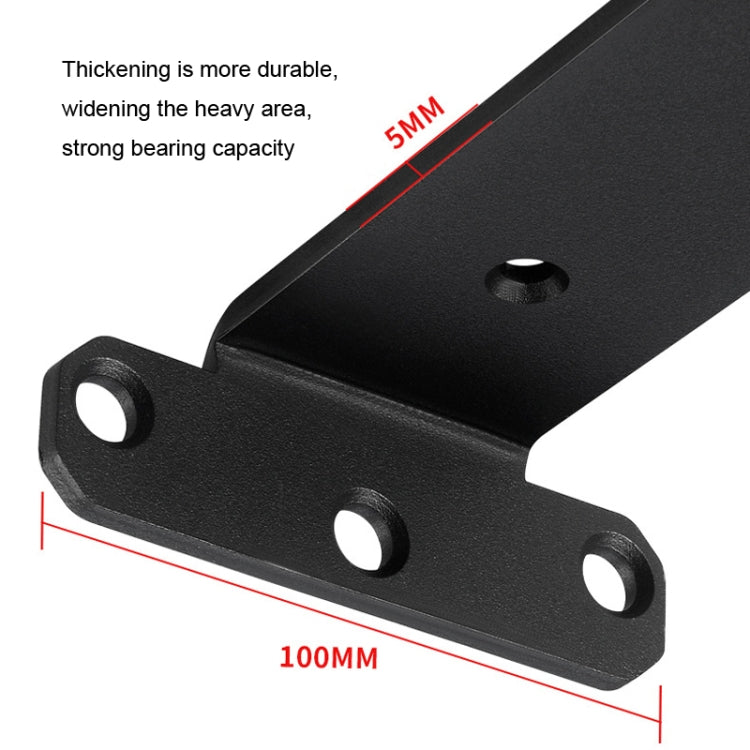 Close-up of black triangular bracket plate with four mounting holes and thickness.