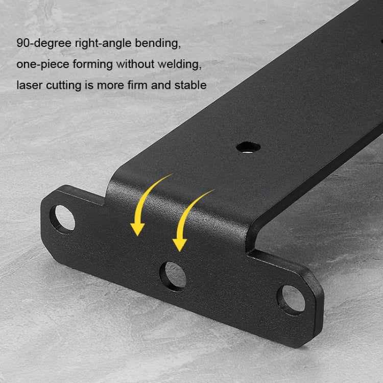 Close-up of black metal bracket plate end with mounting holes and folded profile.