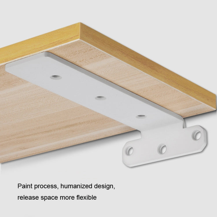 White triangular shelf partition bracket plate with bolt holes under a wooden shelf