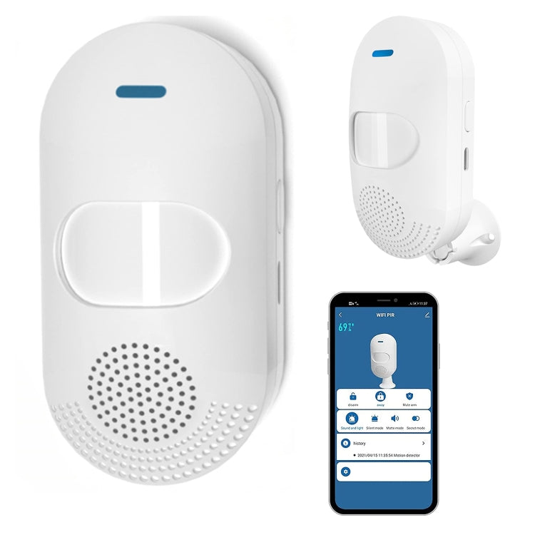 Tuya WiFi PIR motion sensor alarm, white wall-mounted device with speaker grille