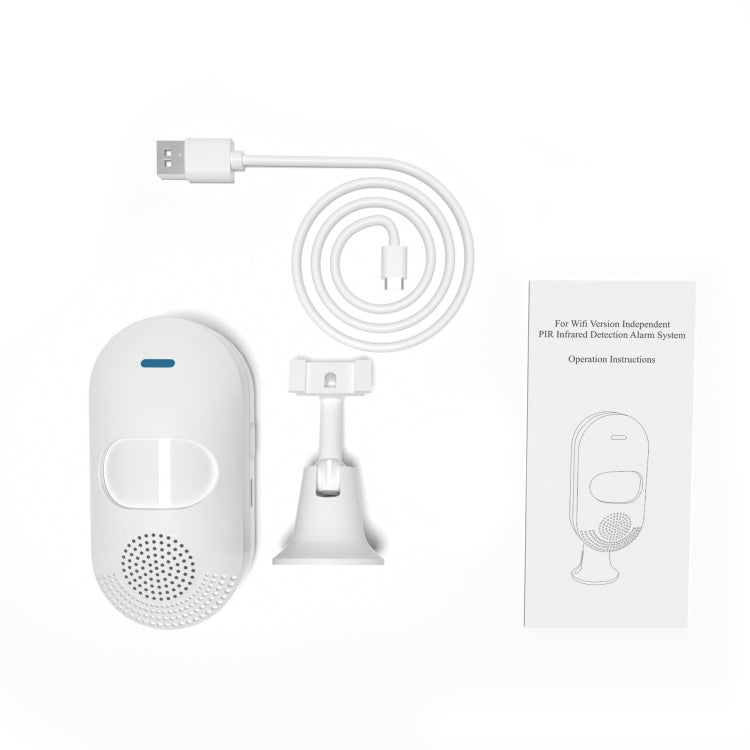 Tuya WiFi PIR motion sensor alarm kit, white sensor with charging base and cables