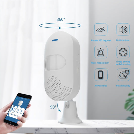 Tuya WiFi PIR motion sensor alarm, white 360° rotating base with blue indicator